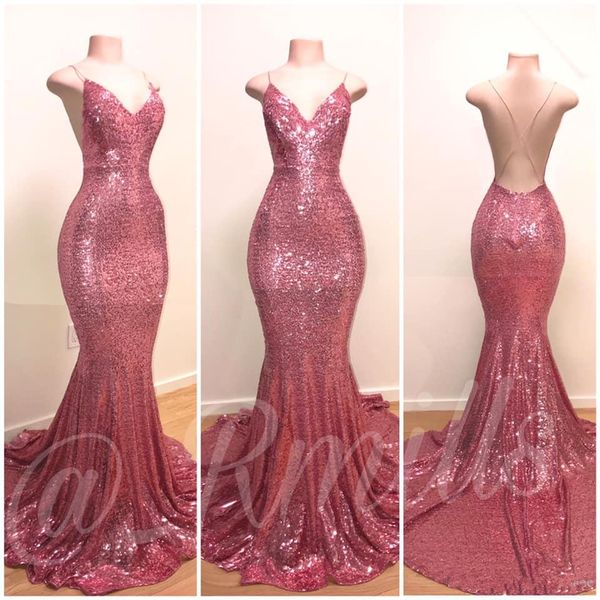 

Backless 2019 Prom Dresses Mermaid Spaghetti Straps Sequins Sparkle Elegant Long Prom Gown Evening Dresses Robe De Soiree