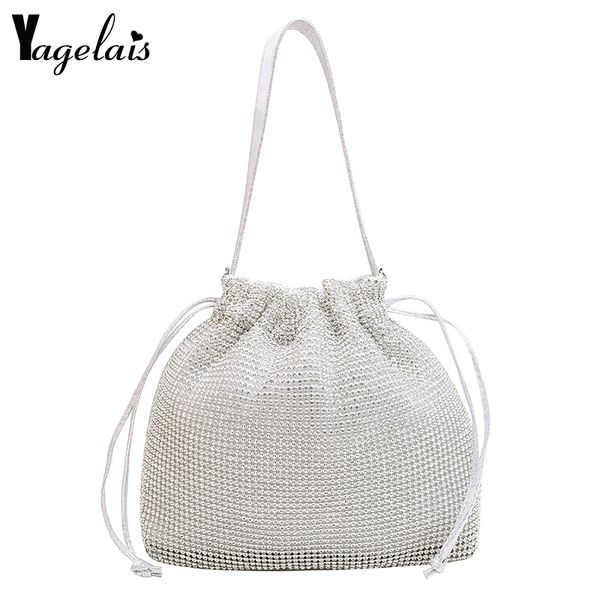 

luxury black leather drawstring bag diamond day clutches for women leather rhinestones party evening purse wristlets handbags