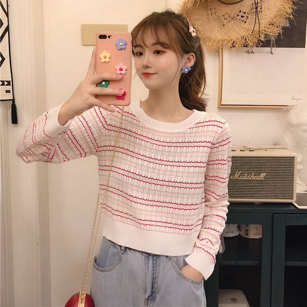 

women's autumn long-sleeved striped knitted new the chic wild fashion sweater female student pullovers knitted gd095, White;black