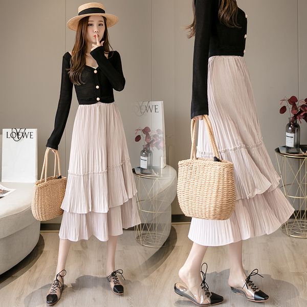 

женская юбка винтажная одежда длинные юбки черный harajuku лето высокая талия уличная одежда 2020 мода flowy весна эластичный шифон, Black