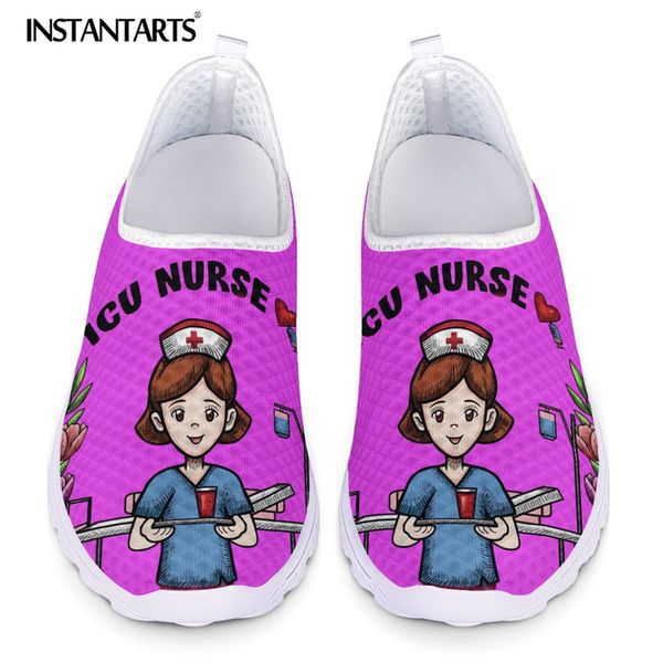

instantarts summer slip on nursing shoes women icu nurse print mesh flat loafers ladies platform water shoes female moccasins, Black
