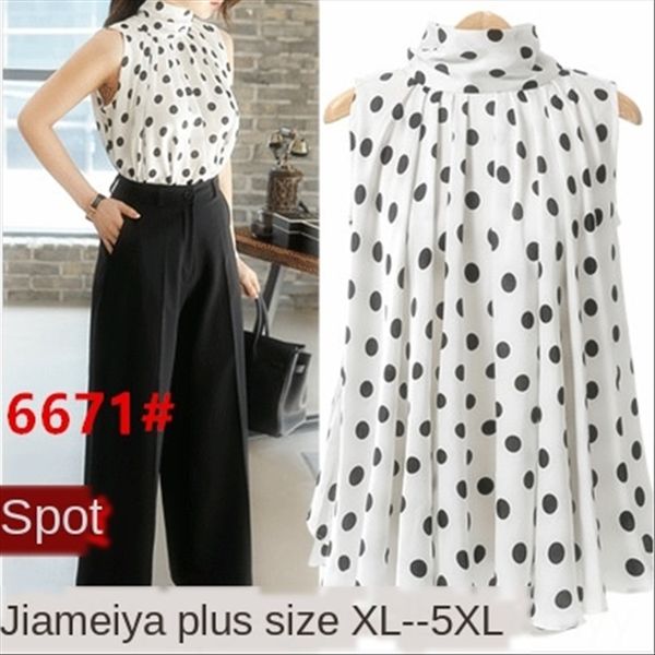 

large size women's big wave point butterfly dress dress high collar sleeveless shirt bow multi-fold loose blouse, White