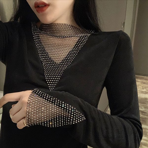 

осень 2020 sexy тонкие и блестящий мозаичный дизайн t- футболки топа базовой рубашка с длинными рукавами, топ женская одежда, White