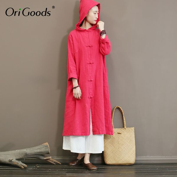 

women's trench coats origoods ramie hooded long women solid red coat 2021 spring vintage little riding hood a384, Tan;black