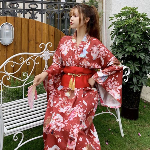 

women japanese traditional costume female flower japanese kimono dress for stage cosplay ladies yukata costume kimono feminino, Red