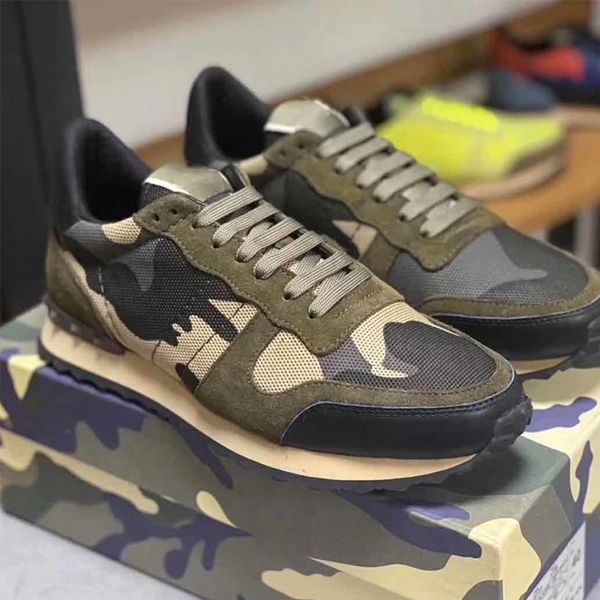 

new arrival black mesh fabric camouflage rockrunner sneaker men women camouflage sneakers studded shoes genuine leather trainers with box