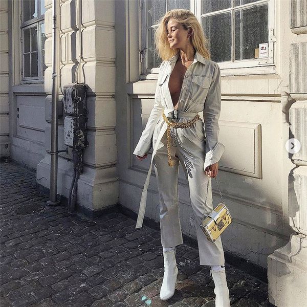 

new 2020 wholesale one pieces formal denim women long sleeve belt lace up fashion overall women denim jumpsuit trousers pants, Black;white