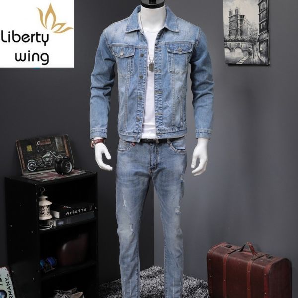 

spring autumn new light blue harajuku denim 2 sets men vintage wash jackets and jeans fashion slim letter two piece suits, Gray