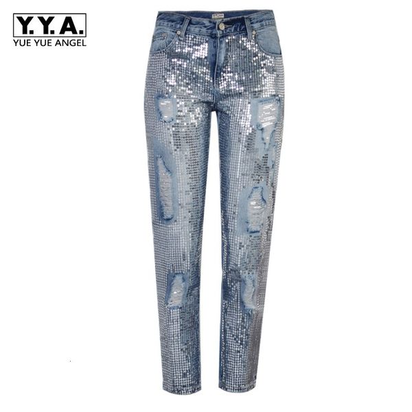 

sequin hole jeans women bottom streetwear zipper fringe ripped jeans pants 2020 spring trousers boyfriend loose female denim, Blue