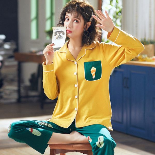 

2019 spring autumn 100% cotton pajamas sets for women long sleeve sleepwear pyjama homewear loungewear pijama mujer home clothes, Blue;gray