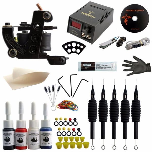 

starter 1 tattoo machine gun 4 colors inks pigment grips lcd power supply set permanent makeup body art beginner tattoo kits