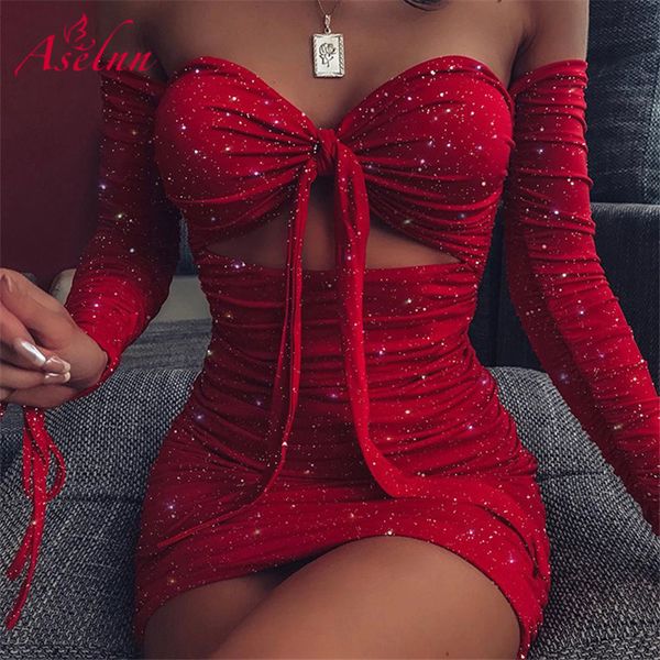 

aselnn блеск с плечом ruched платья bodycon женщины с длинным рукавом деформация узел красной мини платье женского ночной клуб party vestido, Black;gray