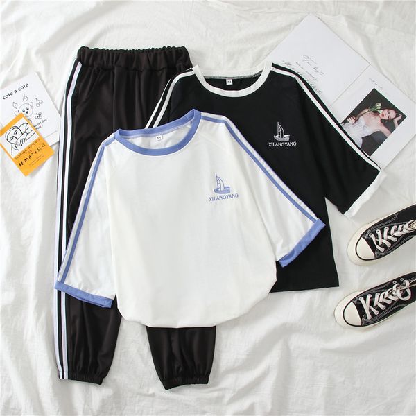 

women clothing set summer outfits short sleeve striped embroidery and black elastic long pant tracksuit women 2 piece sets, White