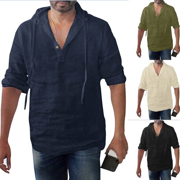 

vintage linen hoodies men shirt full sleeve camisa masculina button v neck summer chemise homme solid pullover mens shirts, White;black