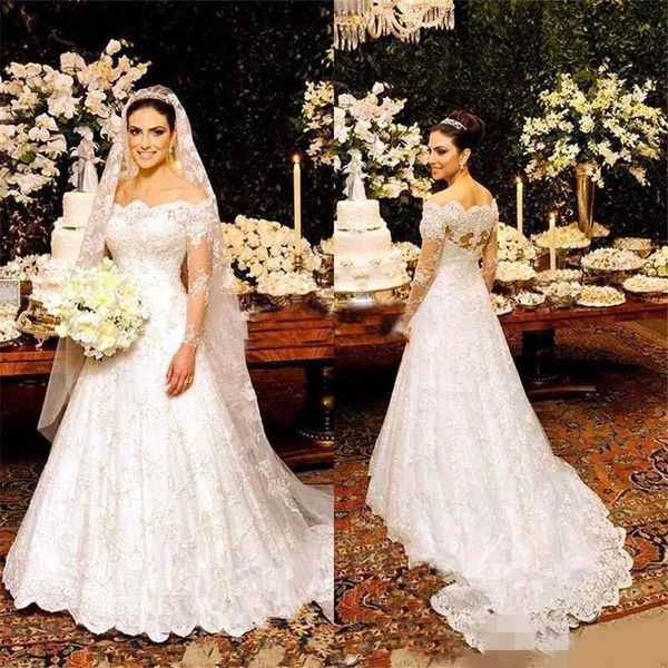 

elegant off the shoulder wedding dresses lace applique a line scalloped neckline sweep train long sleeves 2020 wedding bridal gown, White