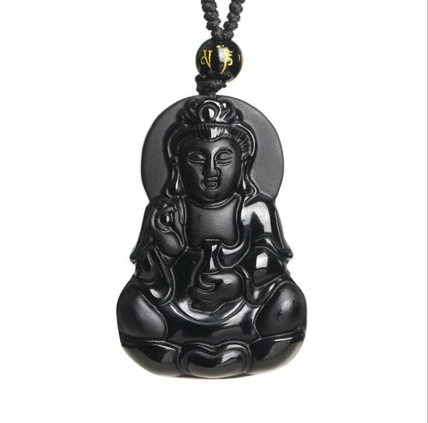 

natural obsidian avalokitesvara pendant with crystal ornaments for men and women fine jewelry, Silver