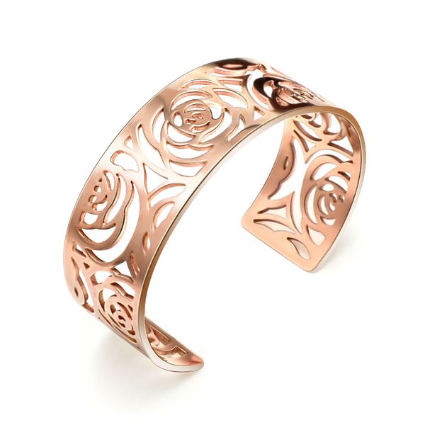 

2020 gorgeous elegant hollow flower stainless steel cuff bracelets bangles for women female girl lady upscale jewelry gift party, Black