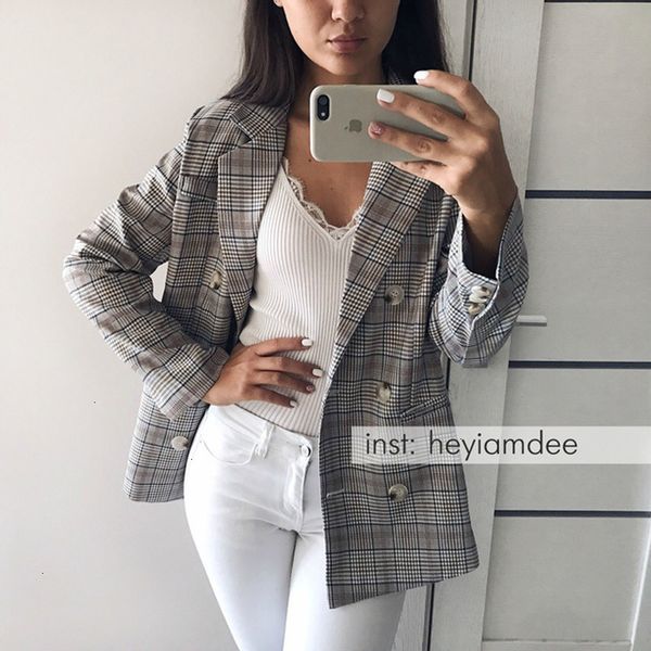 

plaid casual women blazer jacket notched collar double breasted female suit coat fashion outerwear blaser femme jacket, White;black