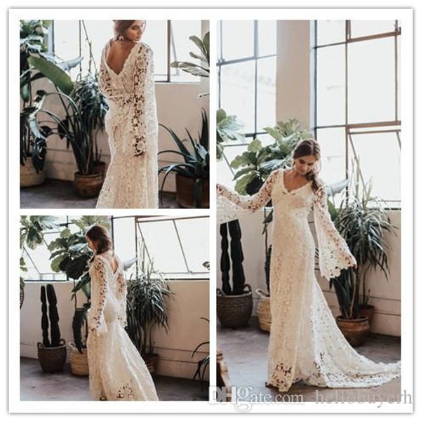 

ivory lace v neck beach modest vintage long sleeve wedding dresses 2019 new abito da sposa muslim wedding dress bridal gowns, White