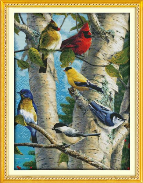 Uccelli di betulla sull'albero pittura di decorazioni per la casa degli animali, strumenti artigianali a punto croce fatti a mano ricamo set di cucito stampa contata su tela DMC 14CT / 11CT