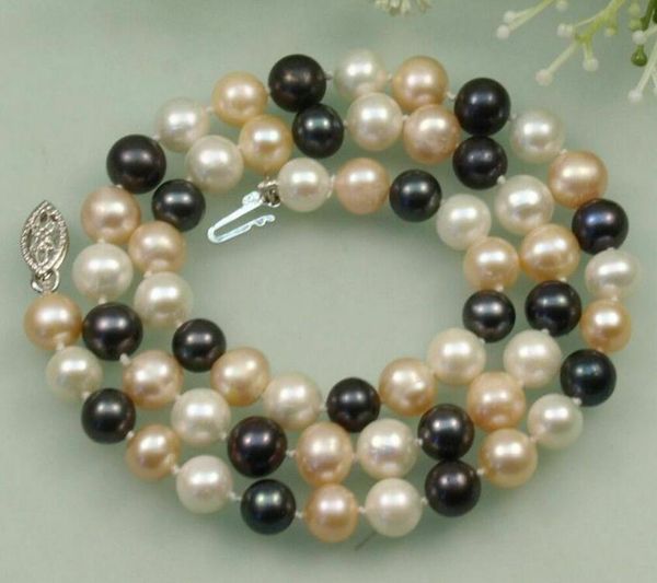 

pearls jewelry natural 9-10mm black white pink cultured fresh water akoya pearl necklace 18'', Silver