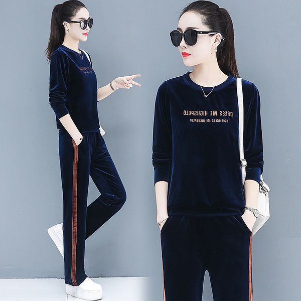 

women sportswear tracksuit letter printed loose velvet sweater sweatshirt+pant running jogging fitness casual gym set sport suit, Black;blue