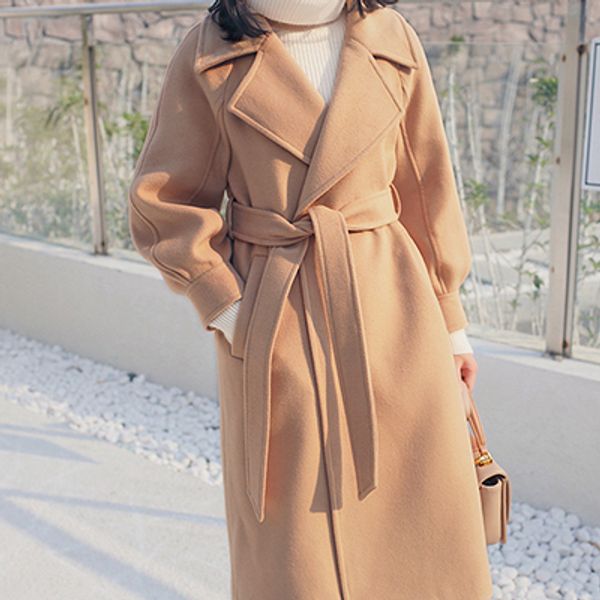 

plus size loose warm wool blends long winter coat turn-down collar adjustable belt wool coats women office work wear elegant, Black