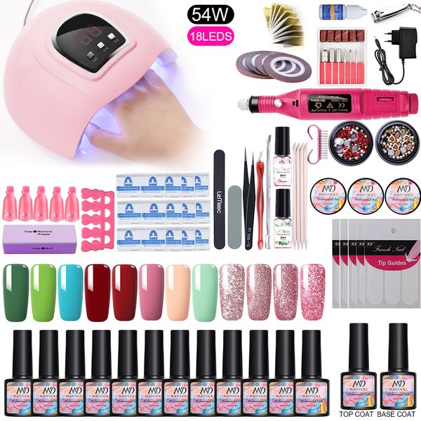 

uv gel nail set uv led lamp dryer with 12pcs nail gel polish kit set electric drill bit machine soak off manicure tools, Red;pink