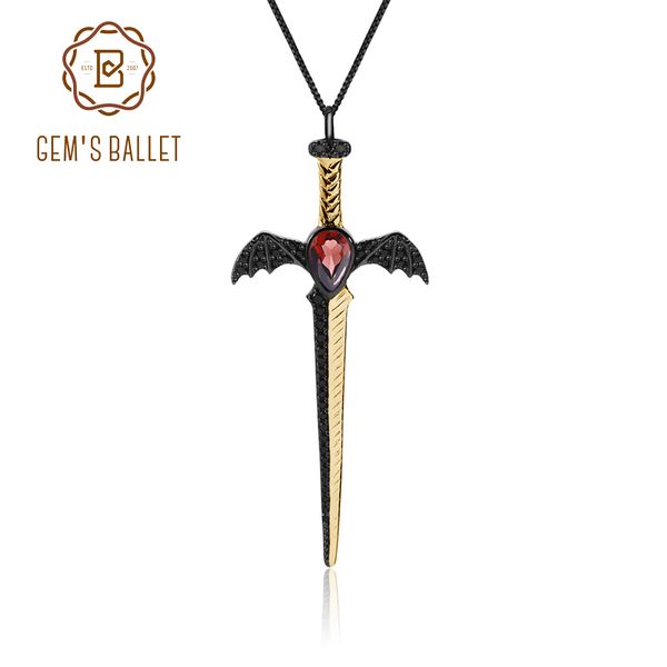 

gem's ballet natural garnet 925 sterling silver bat's wing sword pendant vintage punk style necklace fine jewelry for women