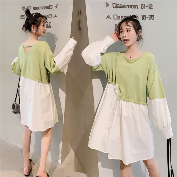 

green maternity dress 2020 spring o-neck patchwork drawstring waist stitching for pregnant woman, White