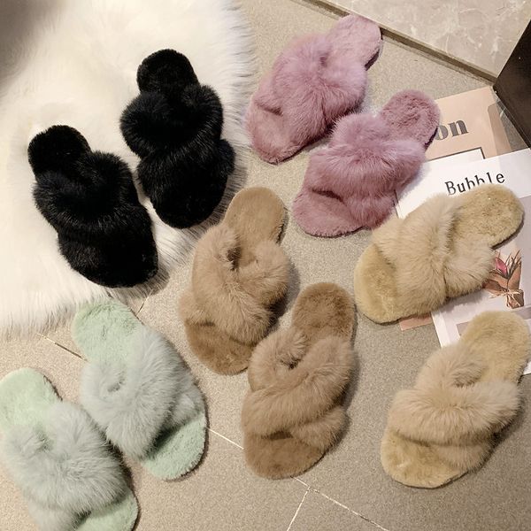 

обувь женские тапочки слайды плюшевые low flock 2019 fur flat rubber моды с меховым basic short, Black