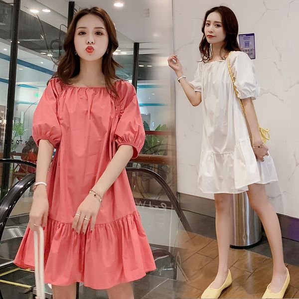 

maternity dresses 812# dress summer cotton o neck solid color short sleeve loose stylish for pregnant women mom, White