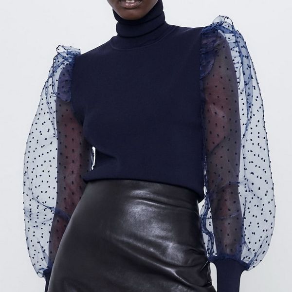 

stylish women blouse shirt autumn 2019 new fashion transparent sleeve patchwork stretch knit lady turtleneck pullover, White