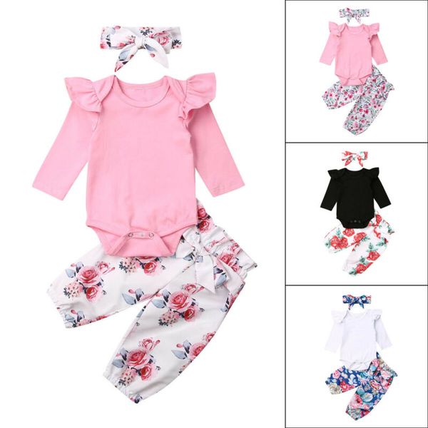

pudcoco 3шт новорожденных малышей baby girl одежда набор с длинным рукавом bodysuit romper топы + брюки цветочные деревообрабатывающий нижне, Pink;blue