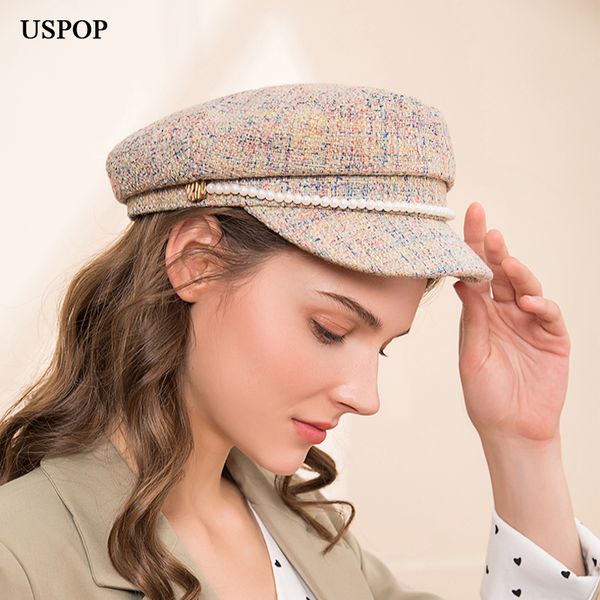 

uspop 2019 new newsboy caps women fashion mixed color newsboy cap female pearl caps flat visor winter cap, Blue;gray