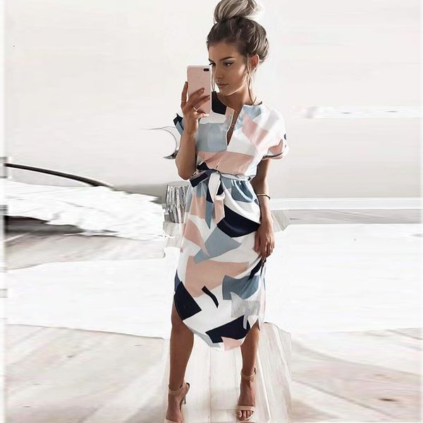 

woman dresses summer dress style casual asymmetrical geometric printing short sash knee length dress o neck elegant women dresses, Black;gray