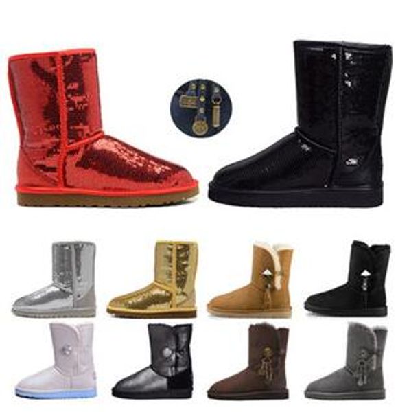 Damenstiefel Glitzer Pailletten WGG Klassische Designer-Schnee-Winterstiefel Knöchel Mini Short Knee Sparkles Button Bling Boot Direktverkauf