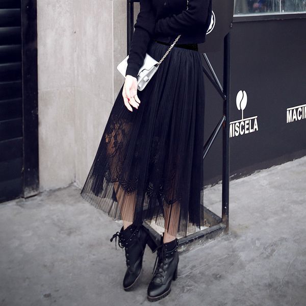

plus size s-xl 2020 spring summer autunm europe and america lace skirt long perspective waist gauze tutu pleated skirts, Black
