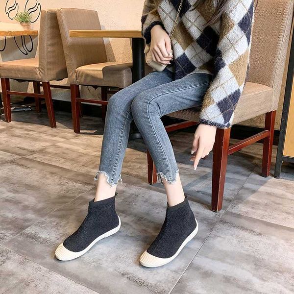 

flat sock boots women stretch fabric shoes casual ankle boots women autumn winter high sneakers 5 colors good quality, Black