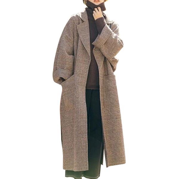 

women wool coat plaid suit collar long sleeve office lady coat jackets mori plaid chic hepburn woolen female ty66, Black