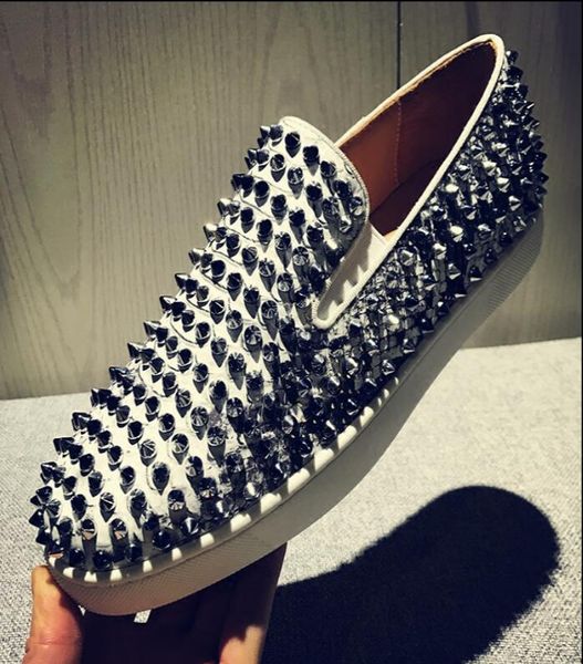 

sneakers spike stud rivets slip on oxfers round toe luxury red background loafers suede party shoes, Black
