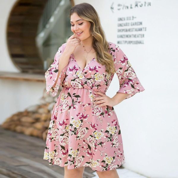 

fall deep v-neck casual plus size dress women flare sleeve printed floral dress vintage flower party dresses, Black;gray
