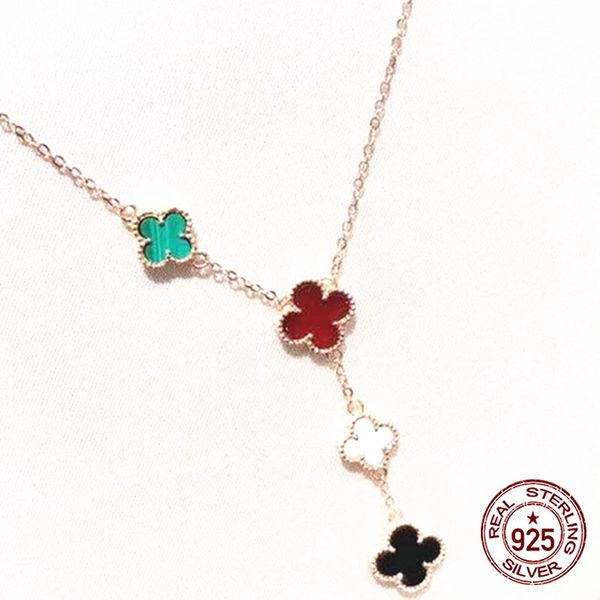 

europe and the new 100% s925 sterling silver necklace five flowers four-leaf clover tassels clavicle chain agate goddess temperament gift