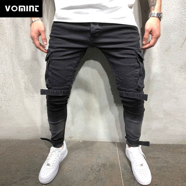 

vomint новые мужские джинсы европейский взрыв стиль большие карманы повседневные бисерные брюки тонкий мото джинсы горячие продажи размер 28, Blue