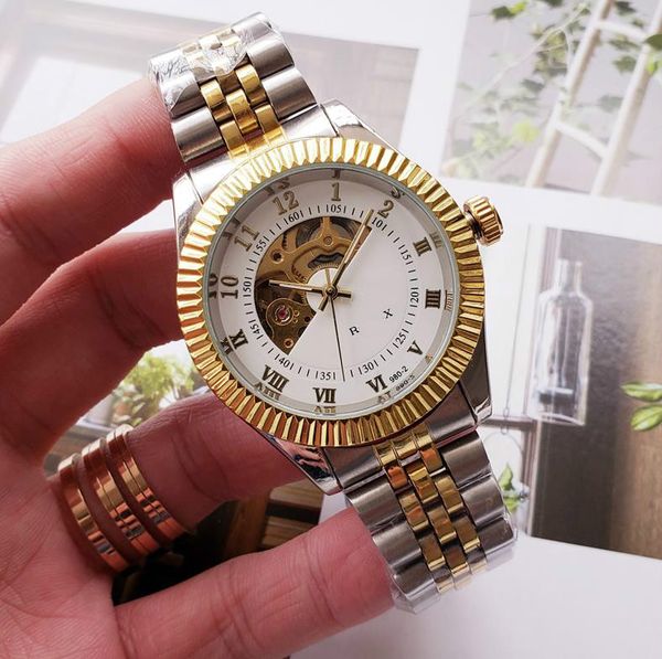 

new automatic date swiss men's mechanical watch folding buckle stainless steel strap business men's watch hollow dial, Slivery;brown