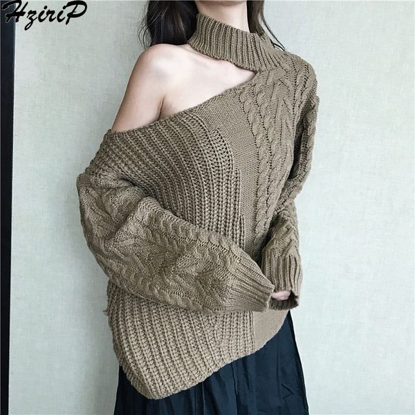 

hzirip spring warm twist sweater girl pullover loose knitted ladies strapless shoulder turtleneck long-sleeved female, White;black