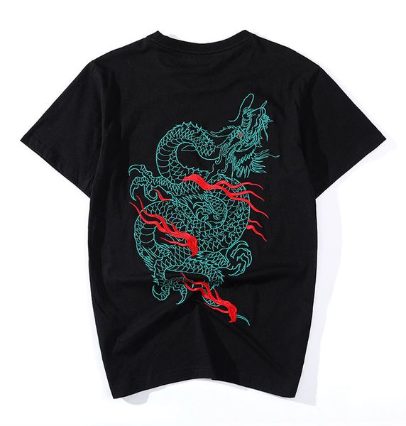 

High Quality Fashion Designer Short T-shirt 2020 New Trend Chinese Style Embroidery Qinglong Cotton Summer T-shirt Half-sleeve T-shirt M-4XL