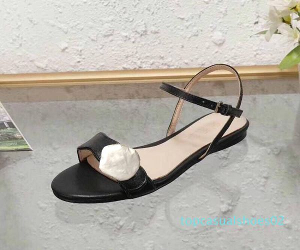 

luxury woman shoes classic ladies sandals buckle metal buckle imported genuine leather flat beach slippers designer woman sandals large t02, Black