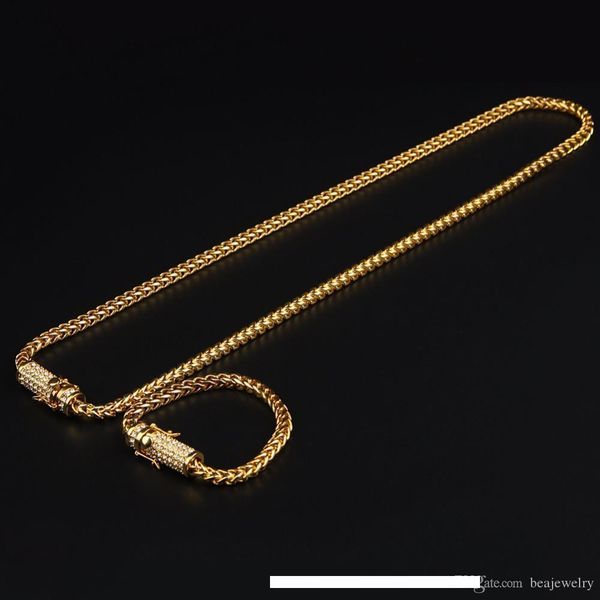 

мужская нержавеющая сталь франко кубинская коробка цепь ожерелье браслет набор замороженный горный хрусталь мужские хип-хоп ожерелье комплек, Silver