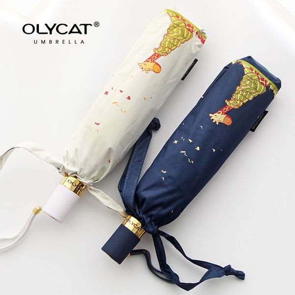 

olycat sun umbrella female giraffe carton folding umbrella rain women black coating anti-uv sunshade travel girls 8k